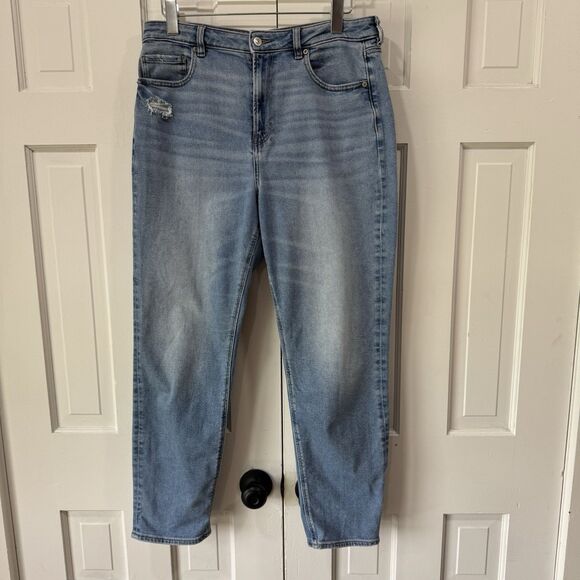 AE Stretch Mom Jeans Size 14 Long Medium Blue Wash Ripped High Waist Distressed - Picture 2 of 13